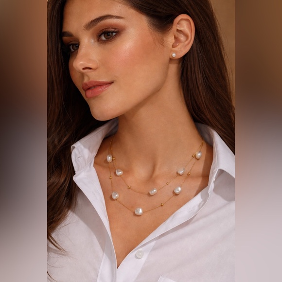 AVA Jewelry - 18k Gold Plated Stainless Steel Double Layer Pearl Patchwork Necklace
